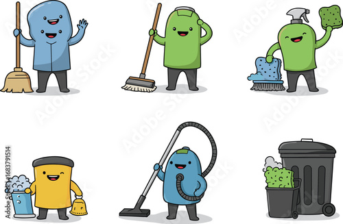 Cartoon cleaning tools illustration set featuring broom, mop, vacuum, trash bin, sponge, detergent, and cute household cleaning characters