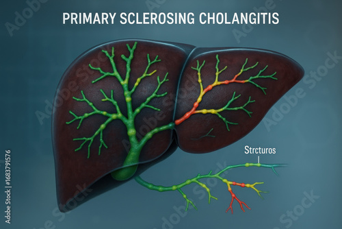 Primary Sclerosing Cholangitis Illustration: Liver and Bile Ducts Showing Structures, Illustration