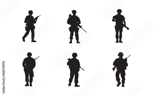 Silhouette Collection Military Soldiers in Various Poses - Vector 