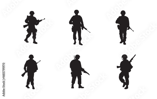 Silhouettes of Soldiers Armed with Rifles, Displayed in Six Distinct Poses for Military and Security Themed Concepts