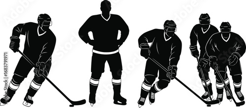 Ice hockey player silhouettes in black vector style showing skating, gear, action poses, teamwork, and dynamic movement on white background