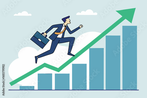 Businessman running upward trend arrow over growth bar chart for business success and finance