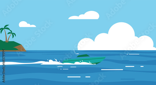 A turquoise boat sailing on the blue sea with an island and palm trees in the background, representing travel, vacation, and tropical scenery