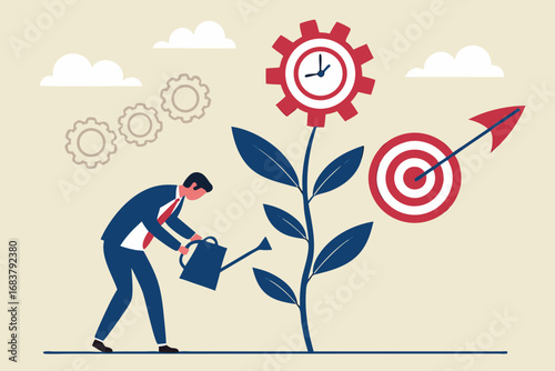 Businessman watering a plant with clock gear aiming for success and growth