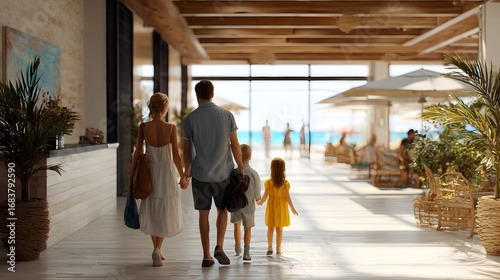 A happy family parents and two children walk hand in hand through a bright resort lobby towards a sun drenched beach ready for their vacation