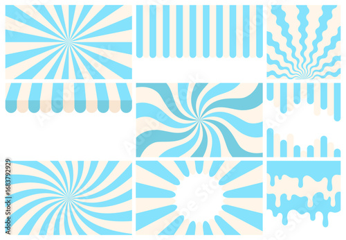 Backgrounds for Ice Cream Day, horizontal banner in retro groovy style with stripes blue white. Hand drawn striped kiosk awning. Amusement park, circus. Isolated on transparent vector EPS10