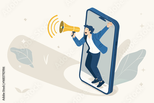 Man in suit emerging from smartphone with megaphone announcing news