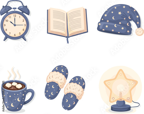 Cute cozy bedtime essentials vector illustration with alarm clock, open book, nightcap, slippers, hot chocolate, and glowing star lamp.