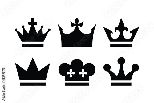 Collection of diverse black crown silhouettes representing royalty and power symbolism