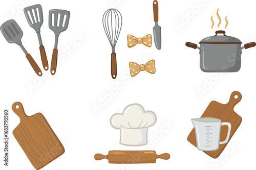 Cute kitchen utensils and cooking tools illustration including spatulas, whisk, pot, cutting boards, measuring cup, and chef hat vector design