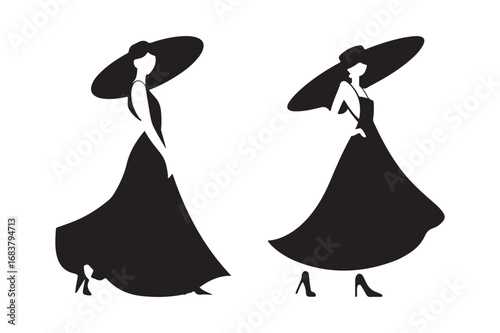 Elegant women in flowing black dresses and wide brim hats