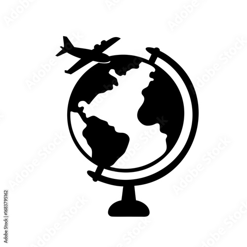 Global travel vector icon with plane flying around the world globe