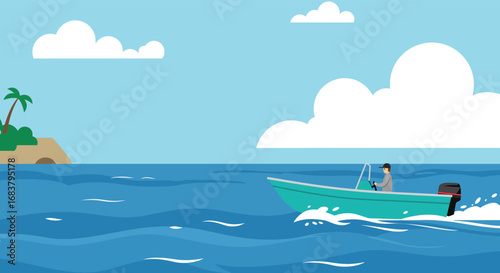 A turquoise boat sailing on the blue sea with an island and palm trees in the background, representing travel, vacation, and tropical scenery