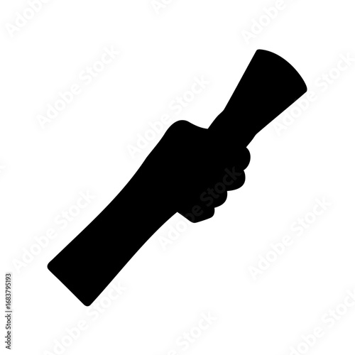 Black silhouette of a hand holding a document or a torch tightly