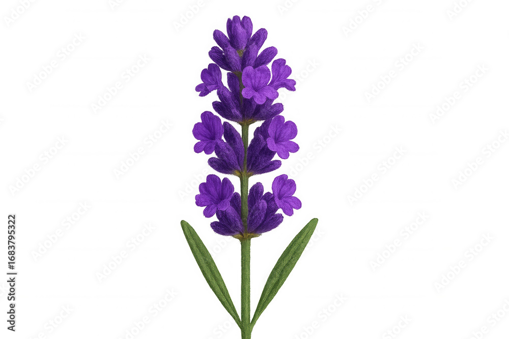 Fototapeta premium Fragrant lavender blossom displaying delicate purple petals, green stem against clean white background