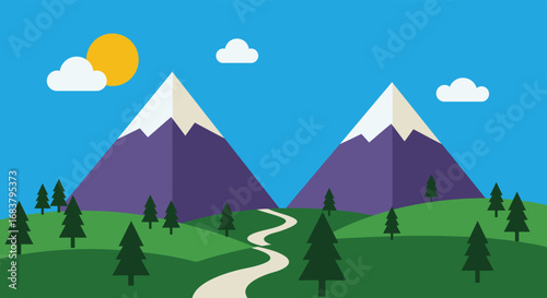 A scenic landscape with mountains, trees, and a path under the sun and clouds, representing nature, travel, and outdoor adventure