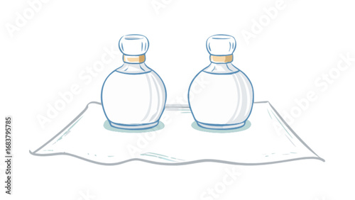 Two bottles of clear liquid on a white cloth, spa product photography, skincare product display