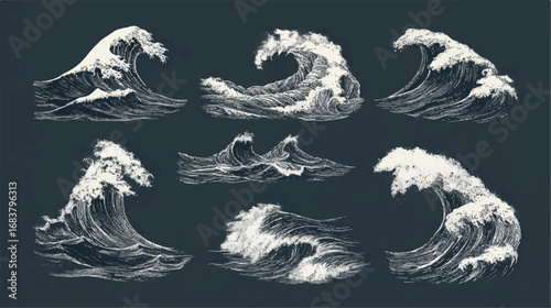 Sketched Ocean Waves Collection Artistic Vector Set Nautical Motif Designs for Creative Projects