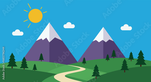 A scenic landscape with mountains, trees, and a path under the sun and clouds, representing nature, travel, and outdoor adventure