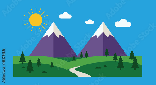 A scenic landscape with mountains, trees, and a path under the sun and clouds, representing nature, travel, and outdoor adventure