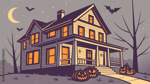 Halloween haunted house illustration with pumpkins bats and moon for spooky season vector design