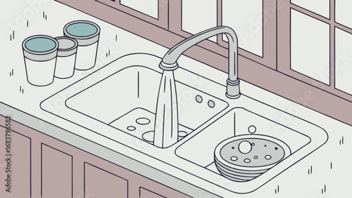 Kitchen sink with running water faucet and dirty dishes in a modern style home interior design