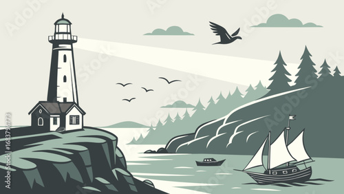 Lighthouse on coastal cliff with sailboat and birds vector illustration scenic seascape view art