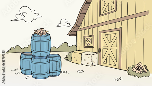 Cartoon barn scene with hay bales, barrels, and flowers vector illustration farm landscape background