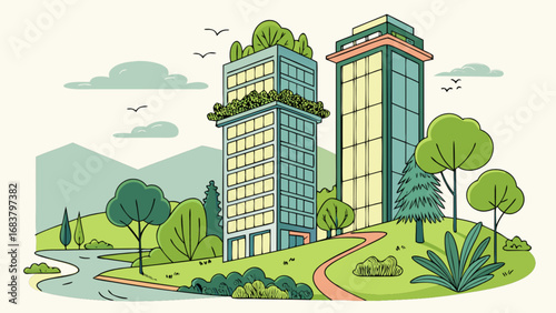 Eco friendly city landscape with green buildings and nature illustration for urban sustainability concept