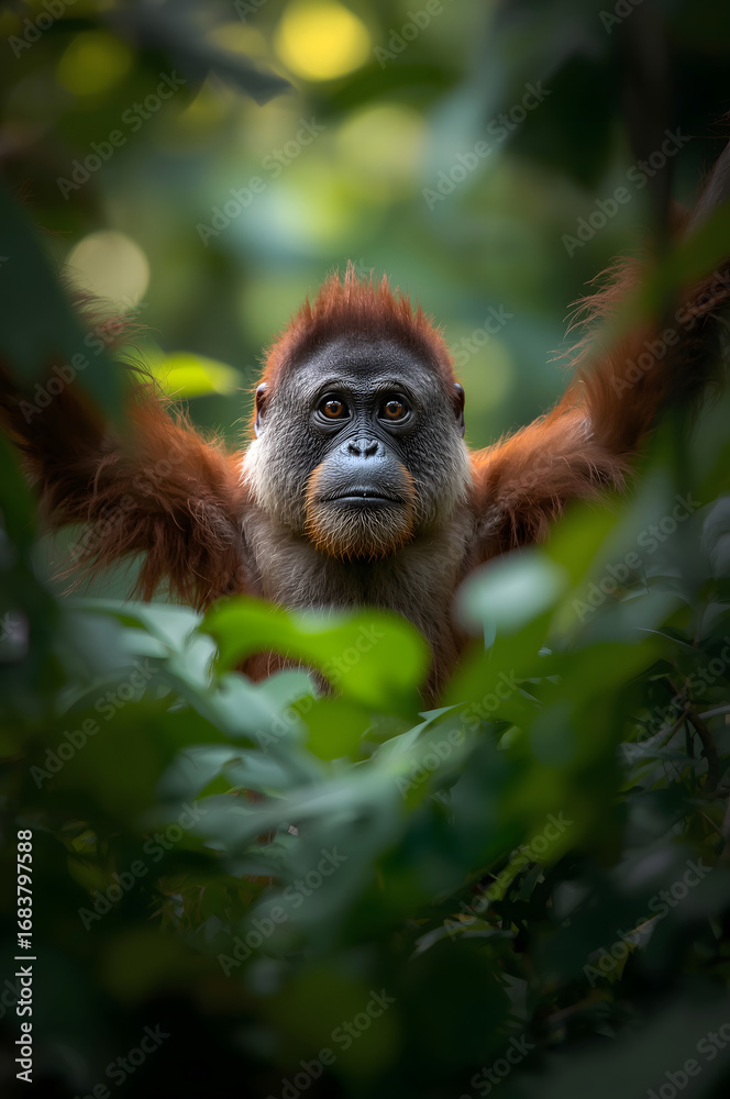 Fototapeta premium Intimate portrait of a thoughtful orangutan in nature high-resolution photo