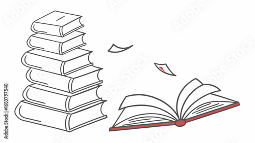 Illustration of books stack and open book with flying pages for education and reading concept design