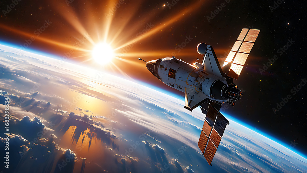 Obraz premium A spacecraft with solar panels illuminated by the rising sun, orbiting earth with a dramatic lens flare effect