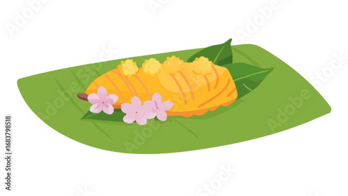 Illustration of thai dessert khao tom mud on banana leaf with flowers for food blog and recipe site