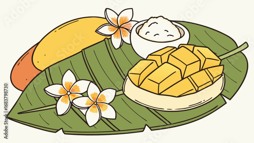 Delicious mango sticky rice thai dessert illustration with tropical flowers and banana leaf art design
