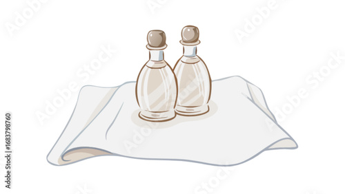 Two glass bottles with cork stoppers on white cloth napkin still life vector illustration art