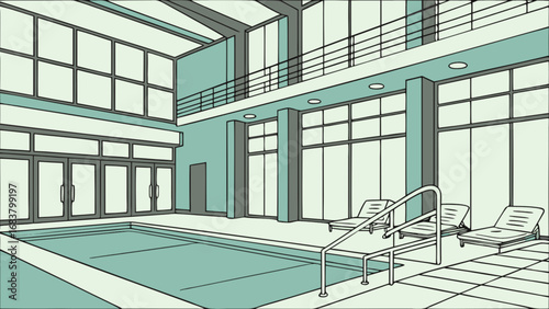 Indoor swimming pool design ideas with lounge chairs and large windows for relaxation and leisure