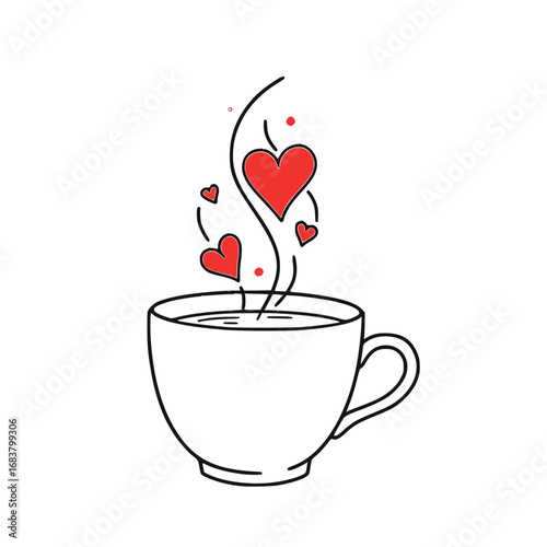 Cute coffee cup with steam and hearts, love-themed illustration on a white background
