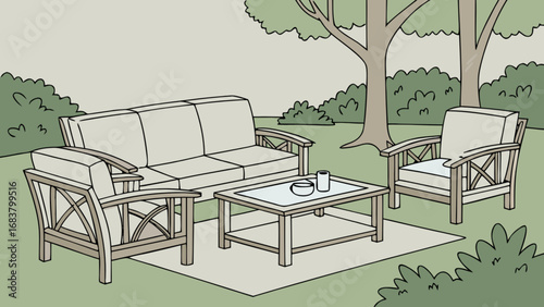 Outdoor patio furniture set with sofa chairs and table for backyard garden relaxation area design