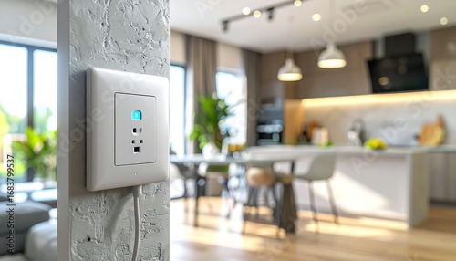 Smart wall socket with blue indicator light in a modern open-plan home interior, showcasing contemporary living and advanced home automation technology