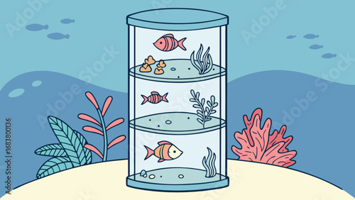 Aquarium illustration with fish and plants in a tiered tank for home decor and pet fish keeping tips