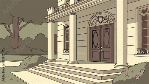 Cartoon illustration of luxury home entrance with columns door and steps in neutral tones style