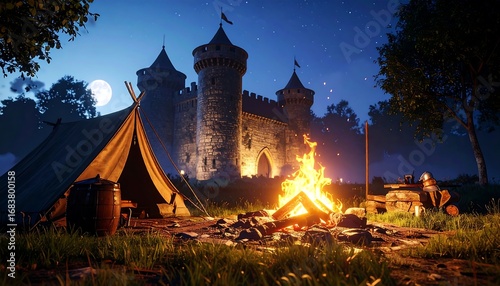 Medieval castle at night, campfire, tent