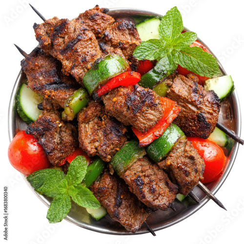 Grilled meat skewers with vegetables