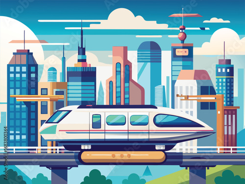 Sleek futuristic monorail speeds through a vibrant cityscape under a bright sky
