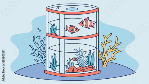Aquarium tiered fish tank with coral reef and tropical fish vector illustration design element art