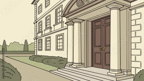 Illustration of a classic building exterior with entrance door and columns, architecture drawing style