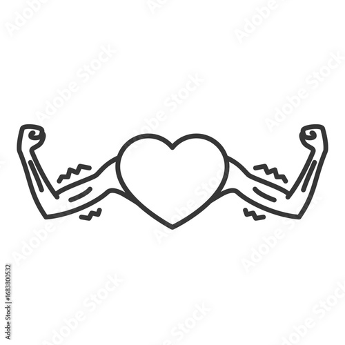 weak heart icon, exhaustion of the heart muscle, skinny arms, linear vector illustration eps10