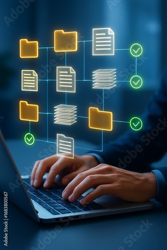 Efficient document management workflow on laptop with hands typing organizing folders files approvals checklist icons paperless office productivity cloud storage digital archive workflow 