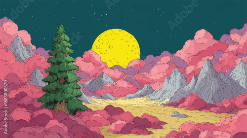 Surreal landscape with pink clouds moonlit mountains and evergreen tree a whimsical dreamy illustration