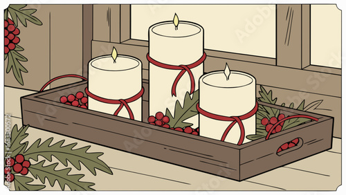 Decorative candles with berries and ribbon in wooden tray christmas holiday season decor element
